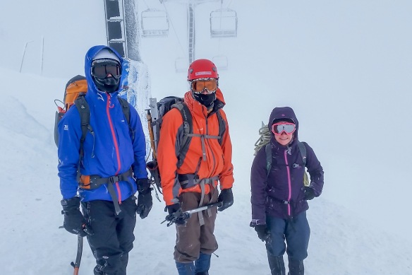 From left: Jordan, SK and moi. This was day one. There was still a bit of wind and snow coming down which was keeping avalanche conditions unstable. 